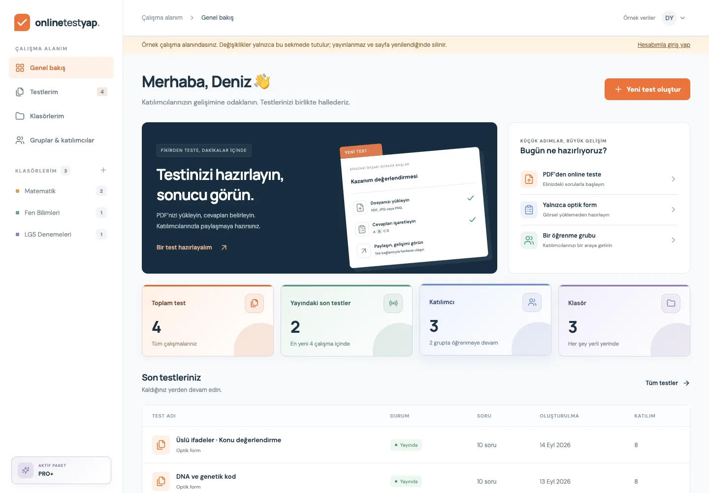 Online Test Yap panelinde test hazırlama seçenekleri, katılımcı özeti ve son testler. Örnek verilerle gerçek uygulama ekranı.