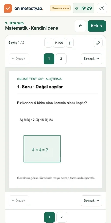 Telefonda açılmış örnek PDF testi; kalan süre, soru görseli ve sayfa gezinme araçları.